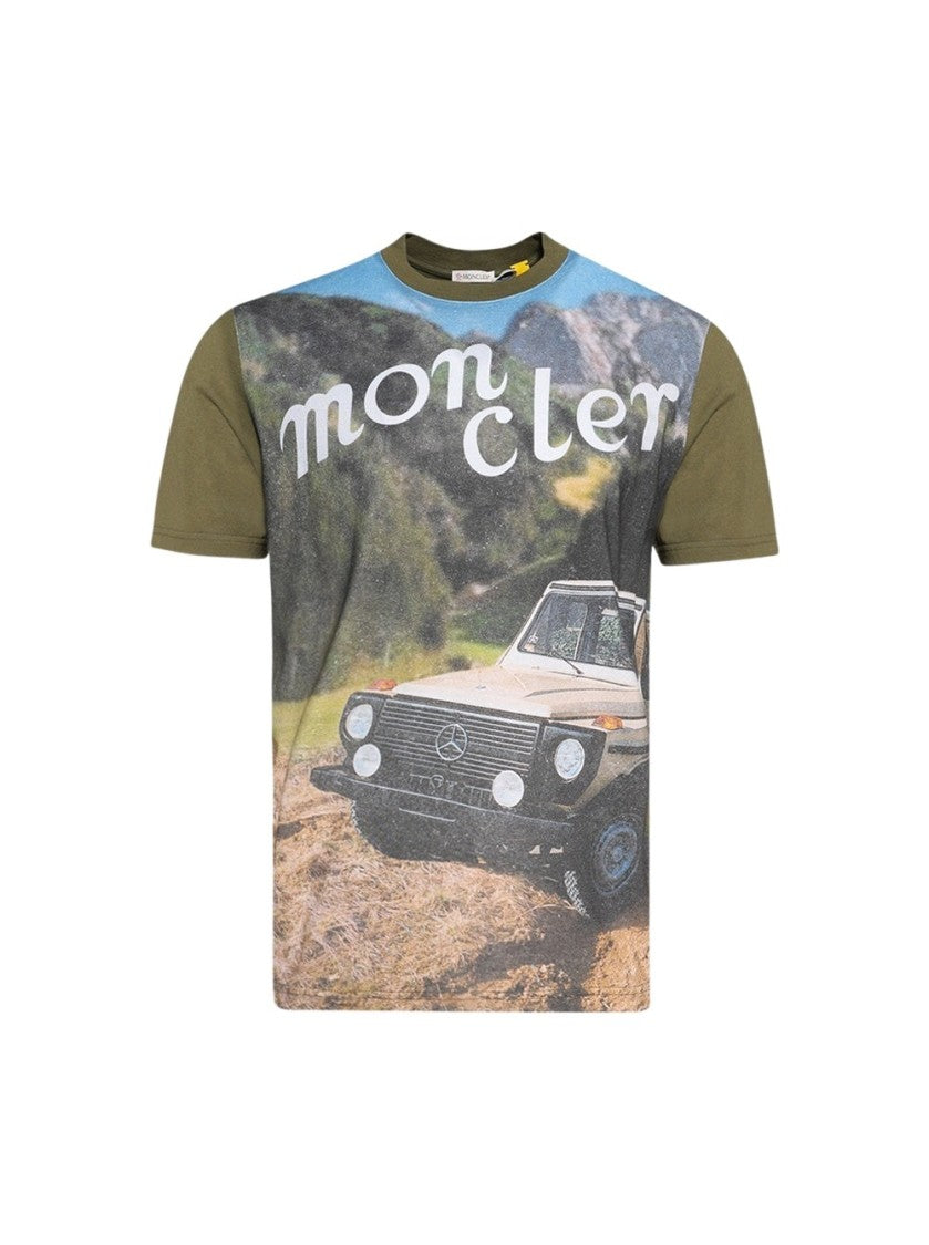 Moncler Turquoise Short Sleeve Tee Featuring Iconic Mercedes-Benz Print