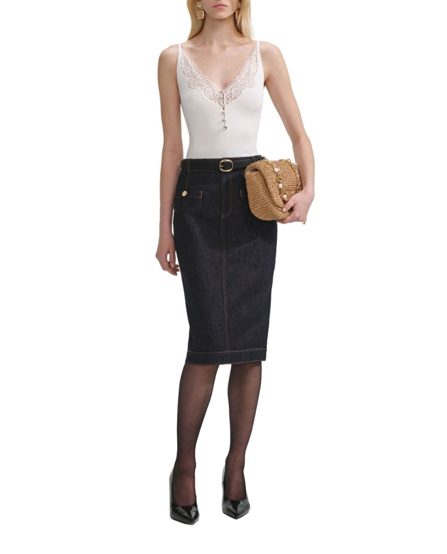 Self-Portrait Rib-Knit Top With Lace Trim And Crystal Button Front