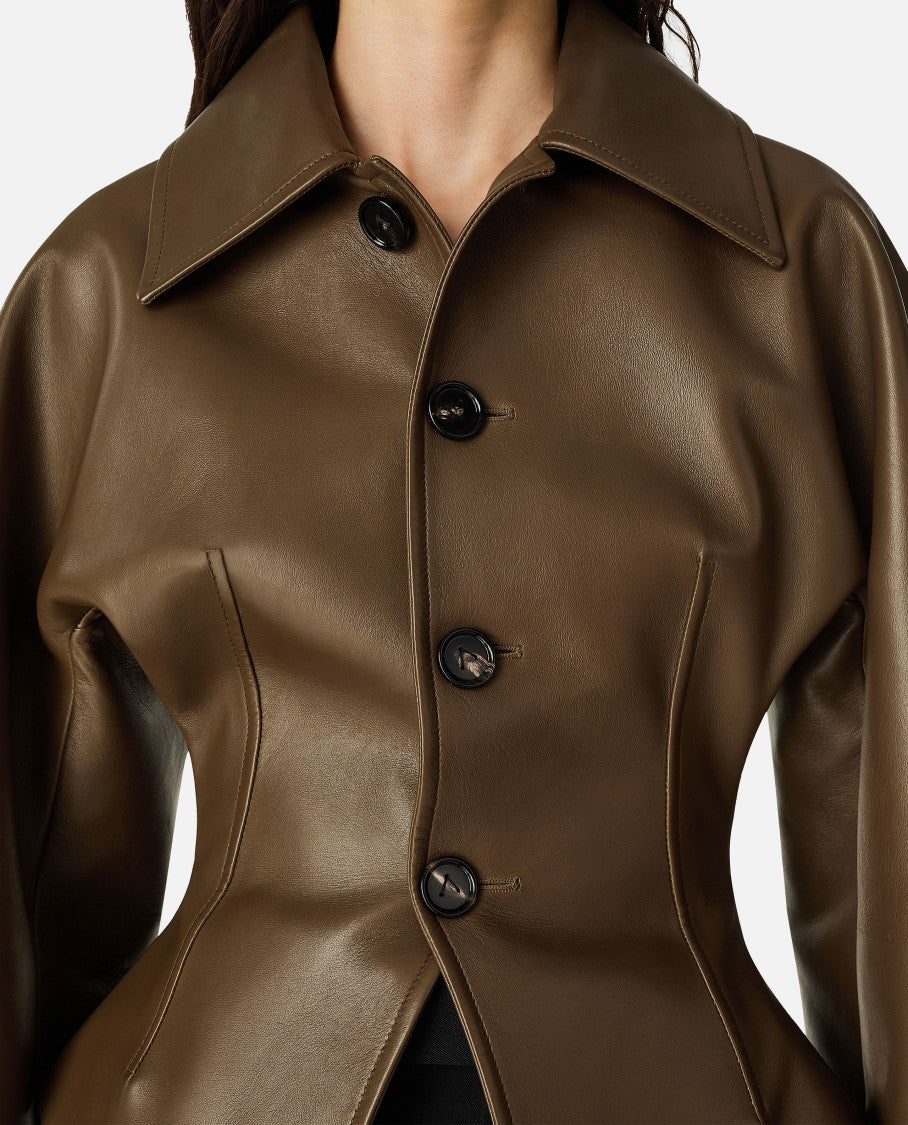 Bottega Veneta Brown Leather Jacket With Classic Collar And Flattering Silhouette