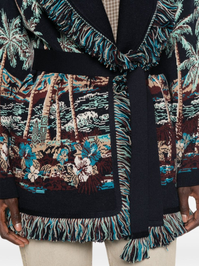 Alanui Tropical Pattern Fringed Shawl Collar Knit Sweater