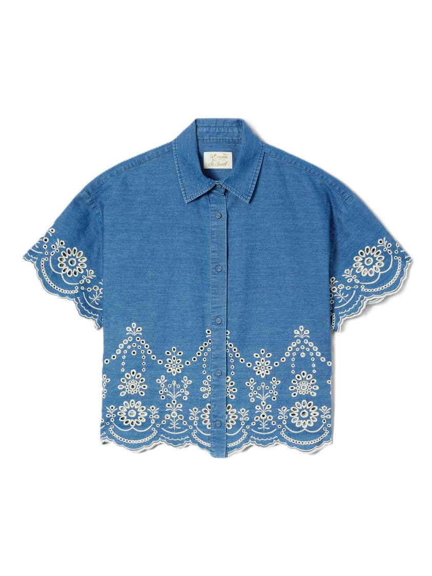 Mc2 Saint Barth Cropped Shirt With Classic Collar And Floral Embroidery