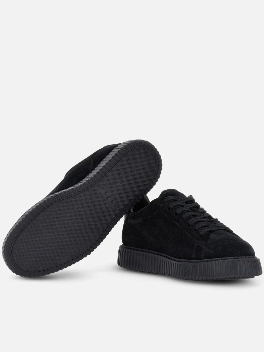 Hogan Monochromatic Black Suede Low-Top Sneakers With Textured Rubber Sole