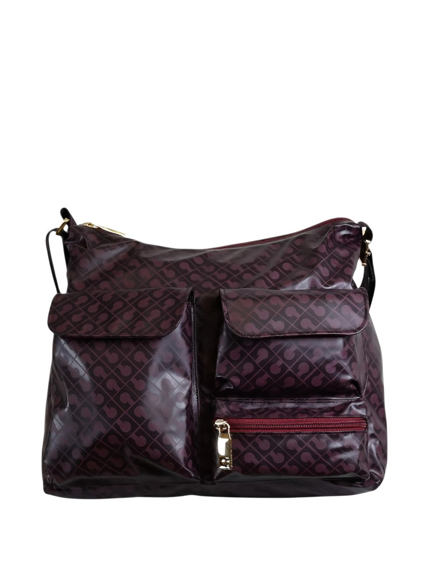 Gherardini Medium Satchel With Bordeaux Purple Monogram Print And Gold-Tone Accents
