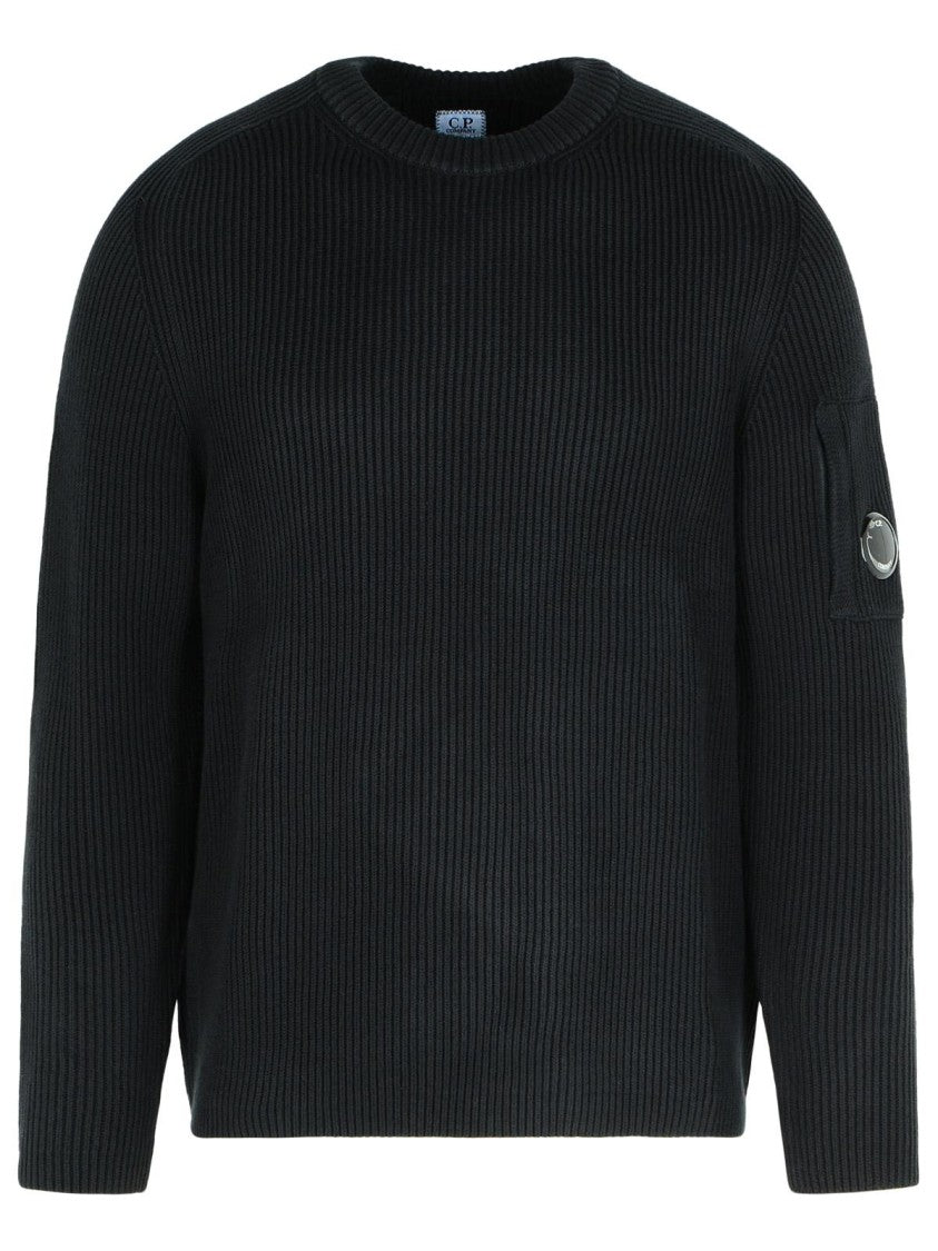 C.P. Company Wide Ribbed Black Cotton Blend Sweatshirt With Zippered Sleeve Pocket