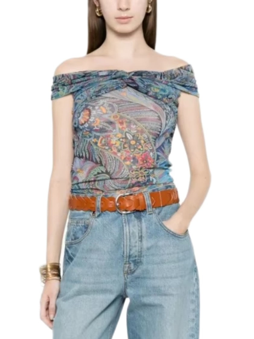 Etro Blue Paisley Off Shoulder Top
