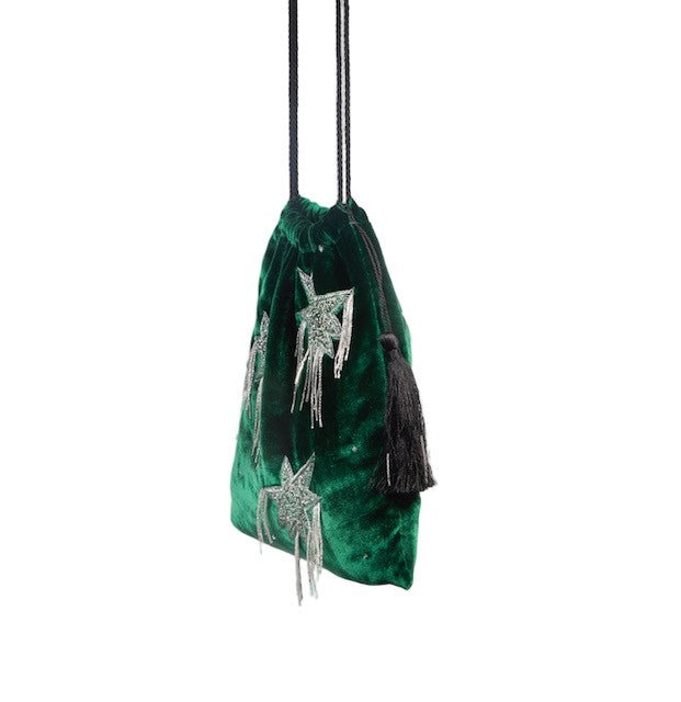 Hamoulet Small Green Velvet Drawstring Bag With Silver Embroidery