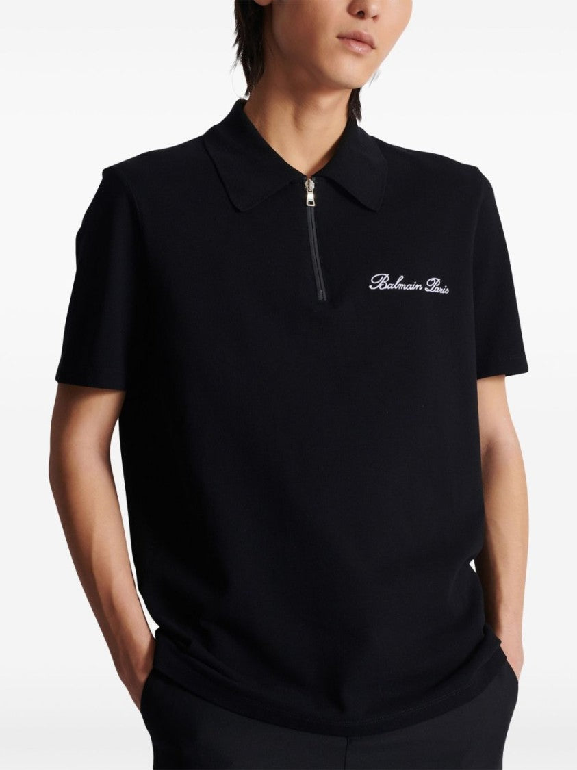 Balmain Black Cotton Piqué Zip Front Polo