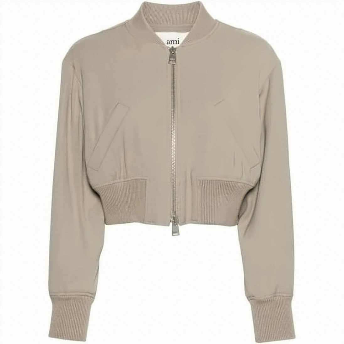 Ami Paris Cropped Bomber Jacket With Front Zipper Closure And Ribbed Details