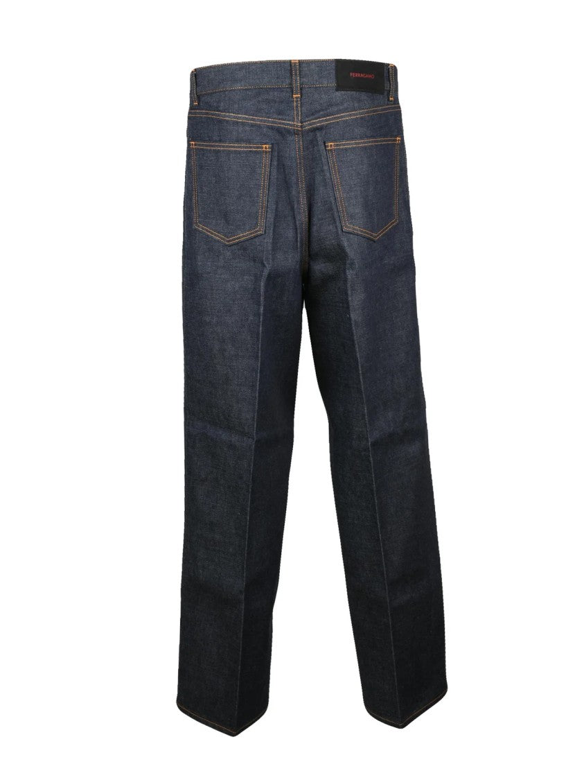 Ferragamo Blue Cotton Wide-Leg Jeans
