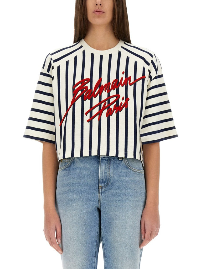 Balmain Cropped Striped Baseball T-Shirt With Signature Logo