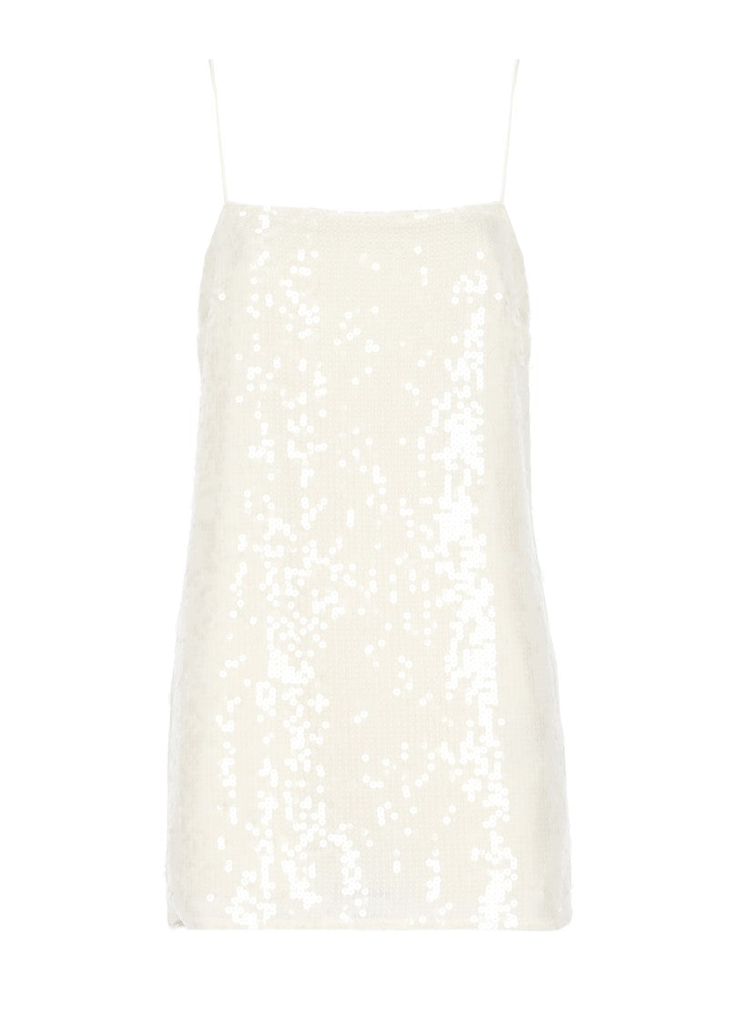 Rotate Ivory Paillette-Embellished Dress With Straight Neckline