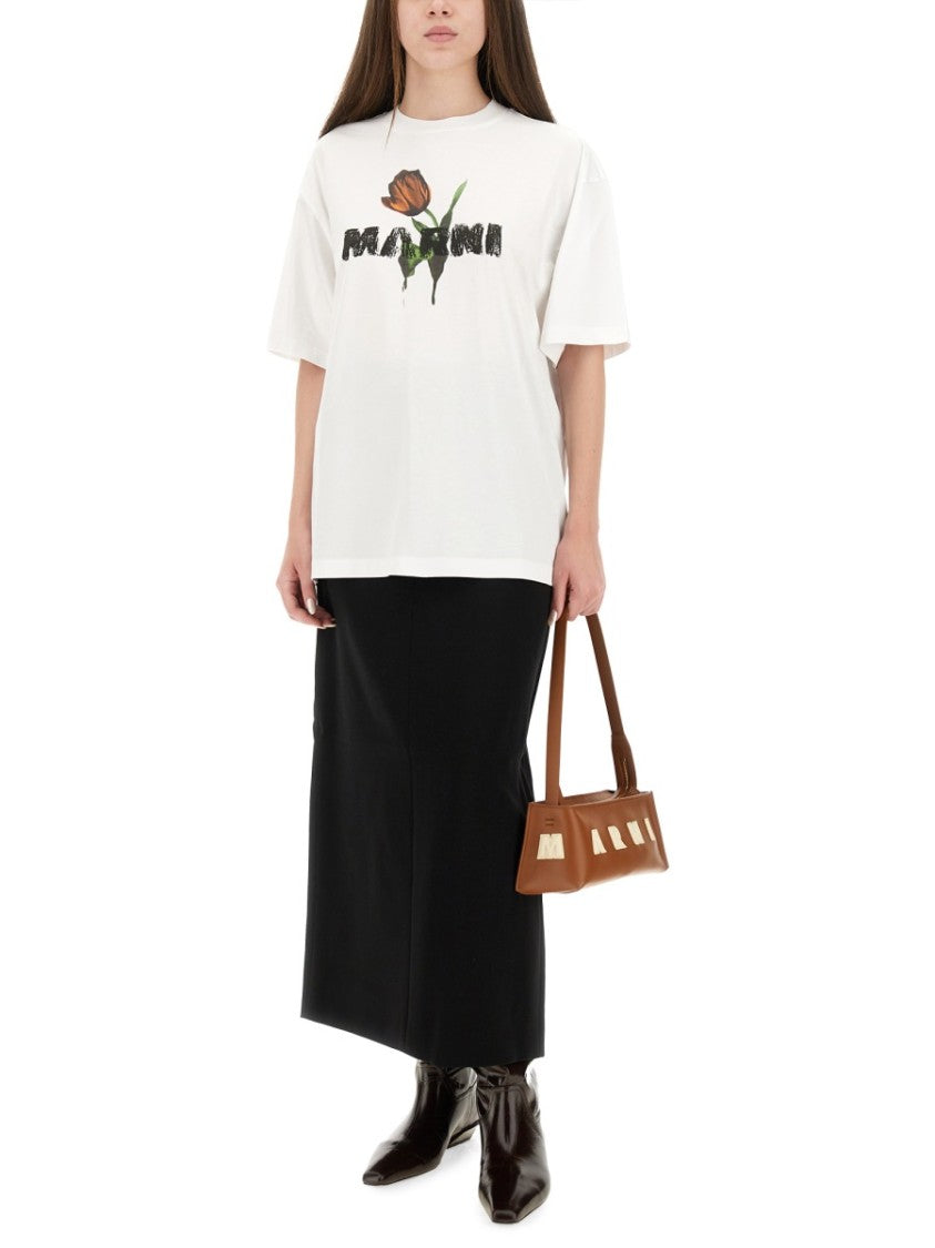 Marni White Cotton T-Shirt With Tulip Print
