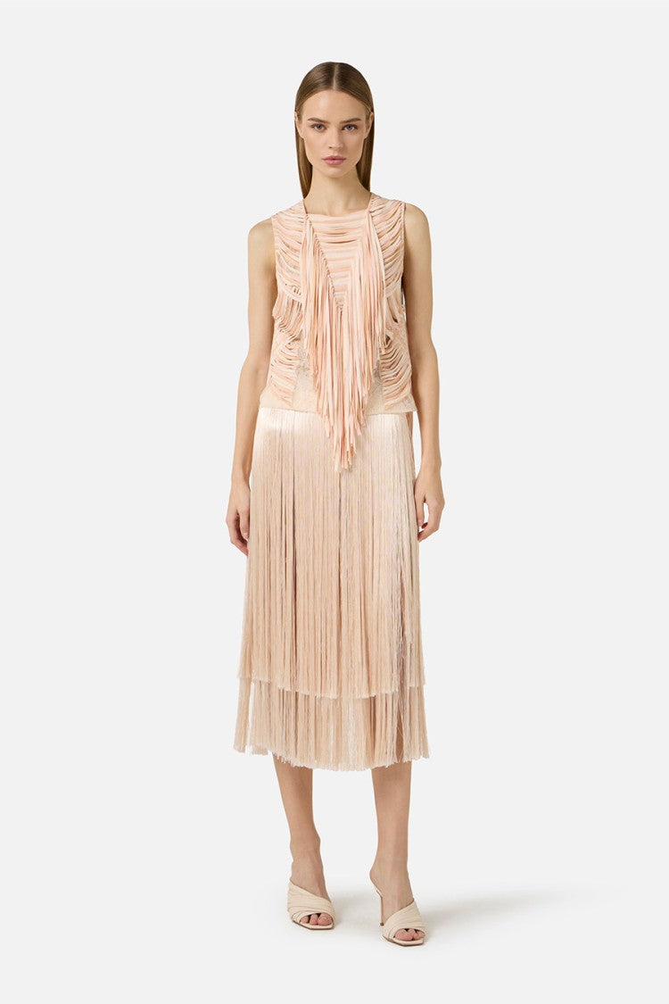 Elisabetta Franchi Blush Pink Tiered Fringed Hem Acetate Midi Skirt