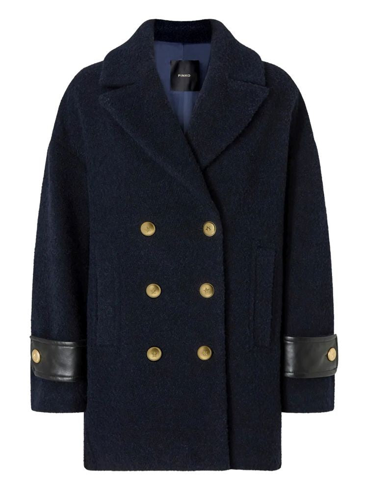 Pinko Double-Breasted Blue Coat With Leather Cuffs And Gold Accents