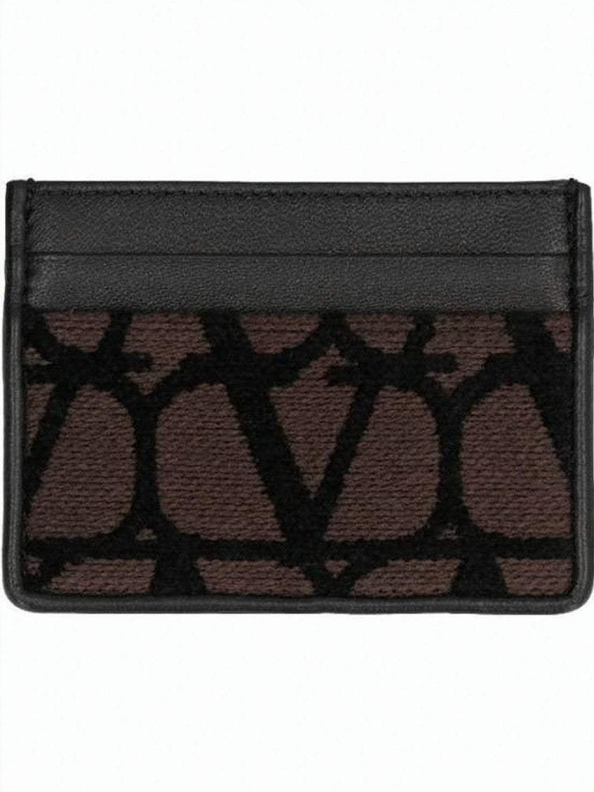 Valentino Garavani Textured Fabric And Leather Cardholder With Abstract Pattern