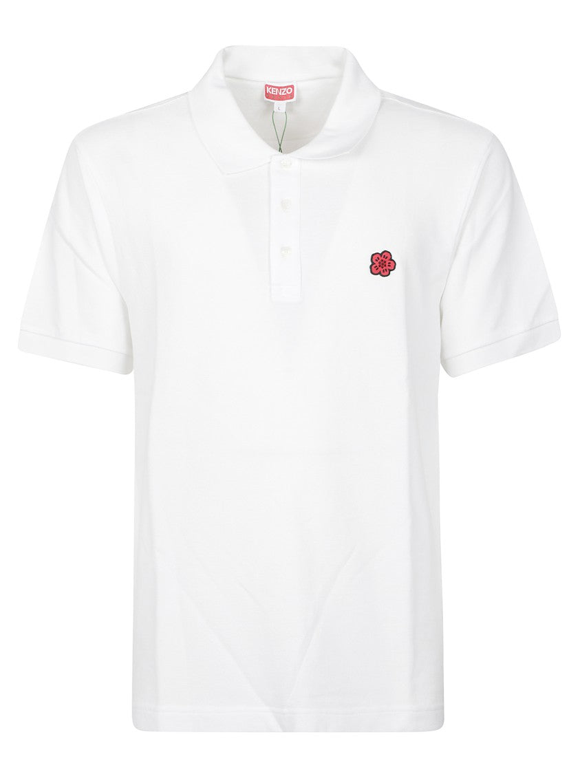 Kenzo White Cotton Polo Shirt With Embroidered Rose Detail
