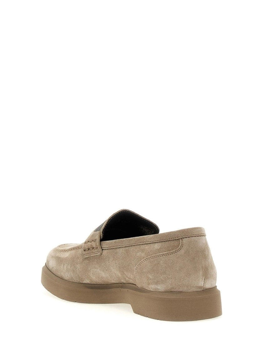 Brunello Cucinelli Beige Crystal Decoration Suede Loafers