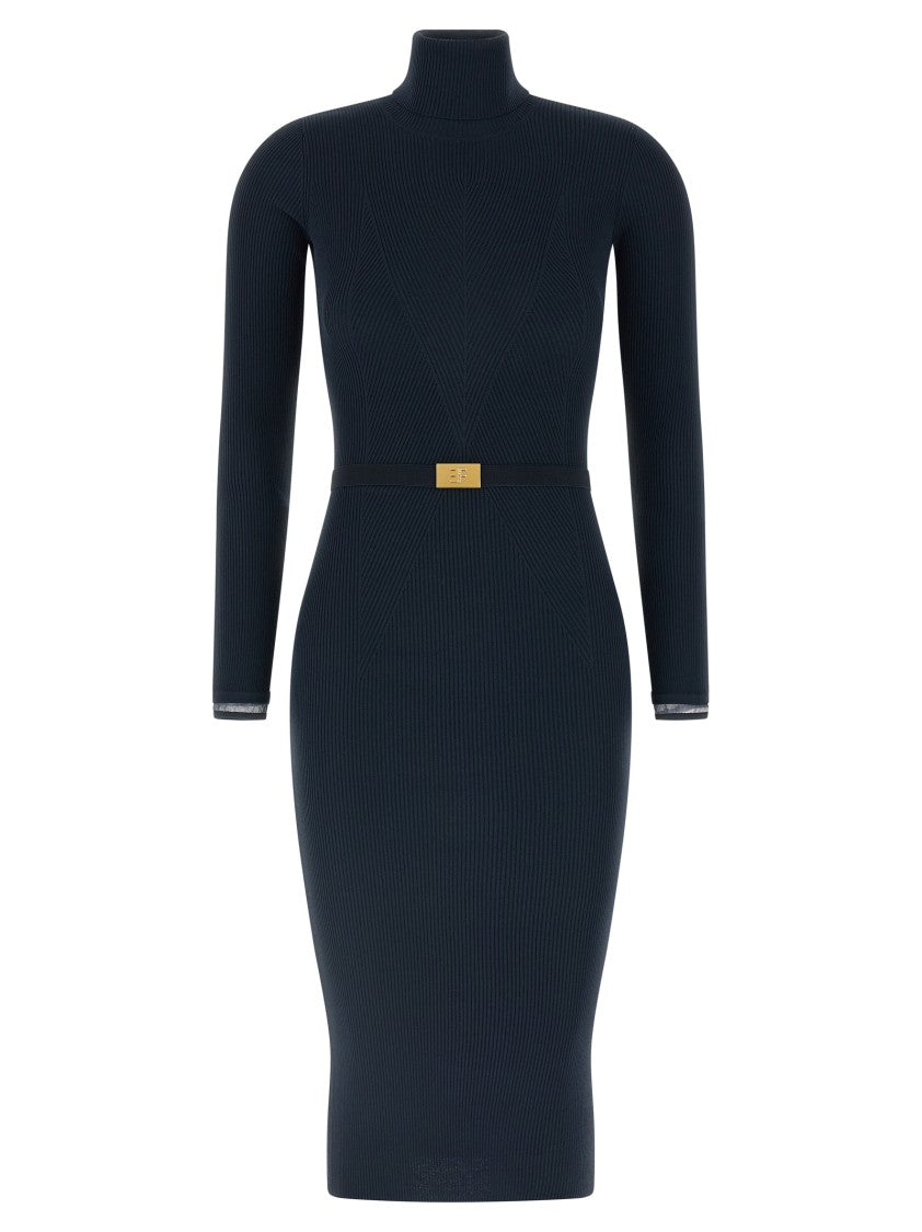 Elisabetta Franchi Ribbed Knit Midi Dress With Logo Belt And Cuff Detailing