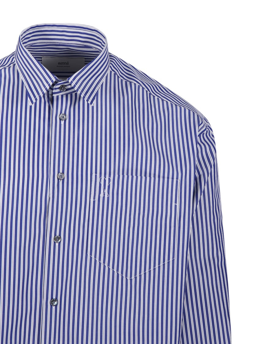 Ami Embossed Tonal Striped Shirt With Button-Down Collar