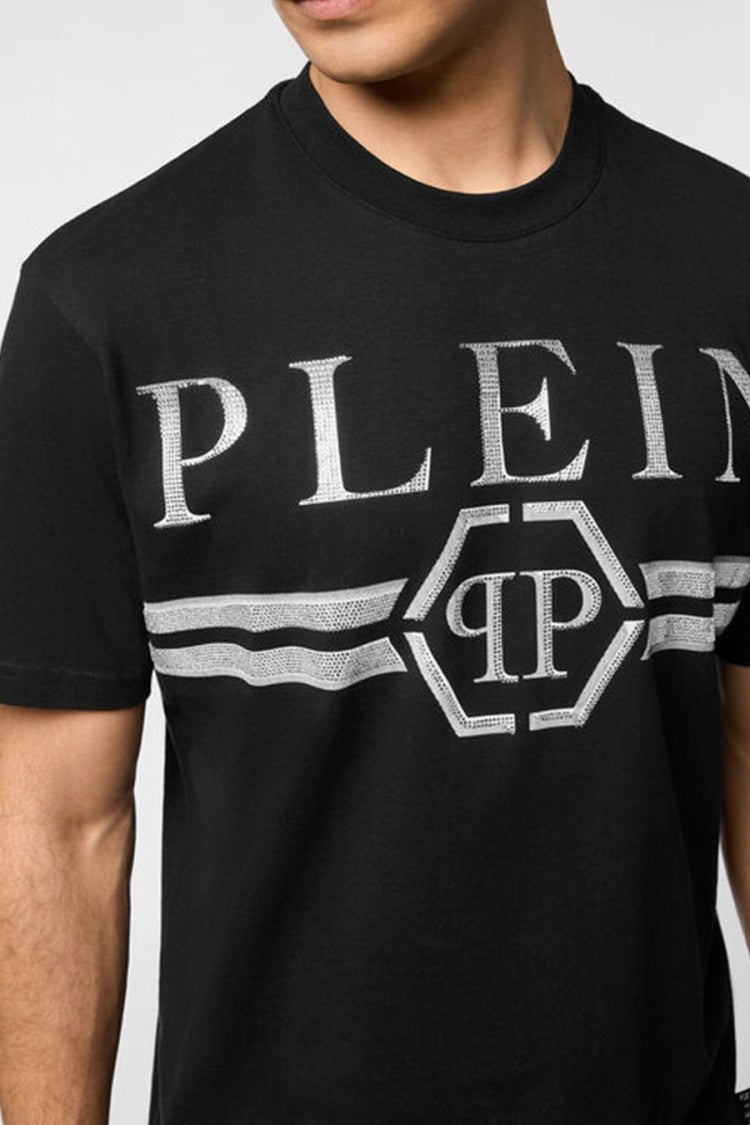 Philipp Plein Black Striped Chest Band Hexagon Patch Cotton T-Shirt