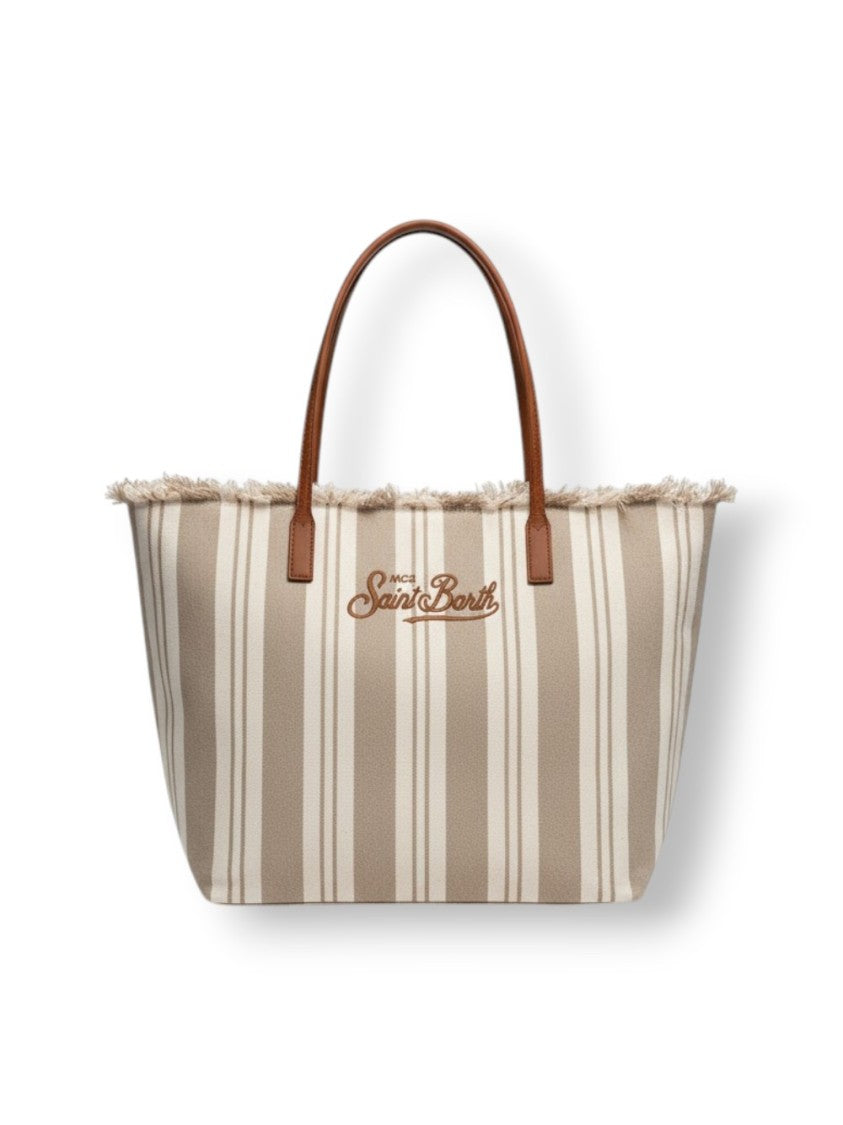 Mc2 Saint Barth Medium Tote Bag With Vertical Stripes And Fringed Top Edge