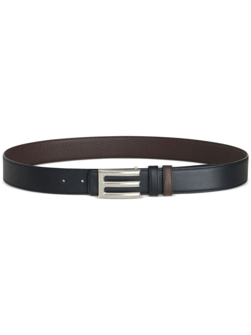 Etro Dual-Tone Leather Belt With Polished Silver Buckle