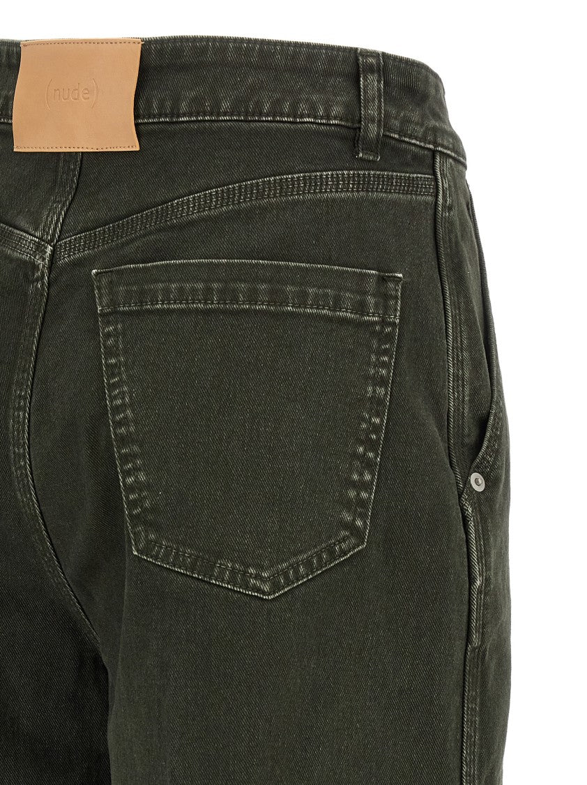 Nude High-Waisted Wide Leg Jeans With Stretched Pleat Detail