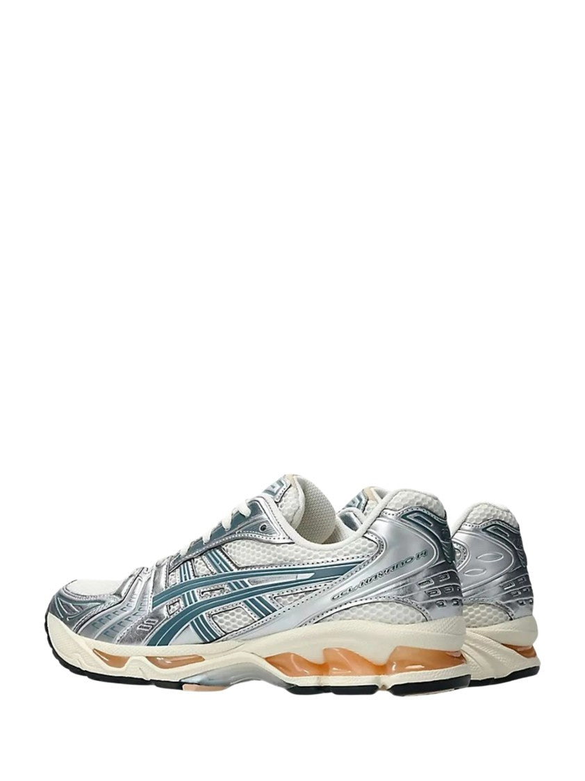 Asics Beige Mesh Sneakers With Metallic Silver Overlays And Teal Accents