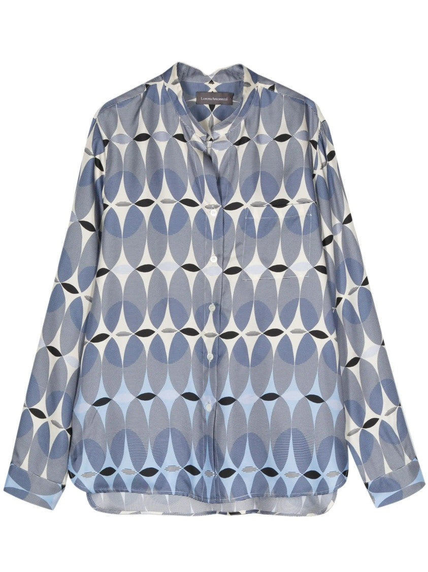 Lorena Antoniazzi Blue Printed Geometric Collarless Silk Long-Sleeve Shirt