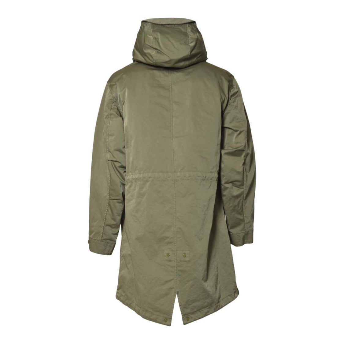C.P. Company Long Hooded Green Coat With Fishtail Hem And Goggle Detail