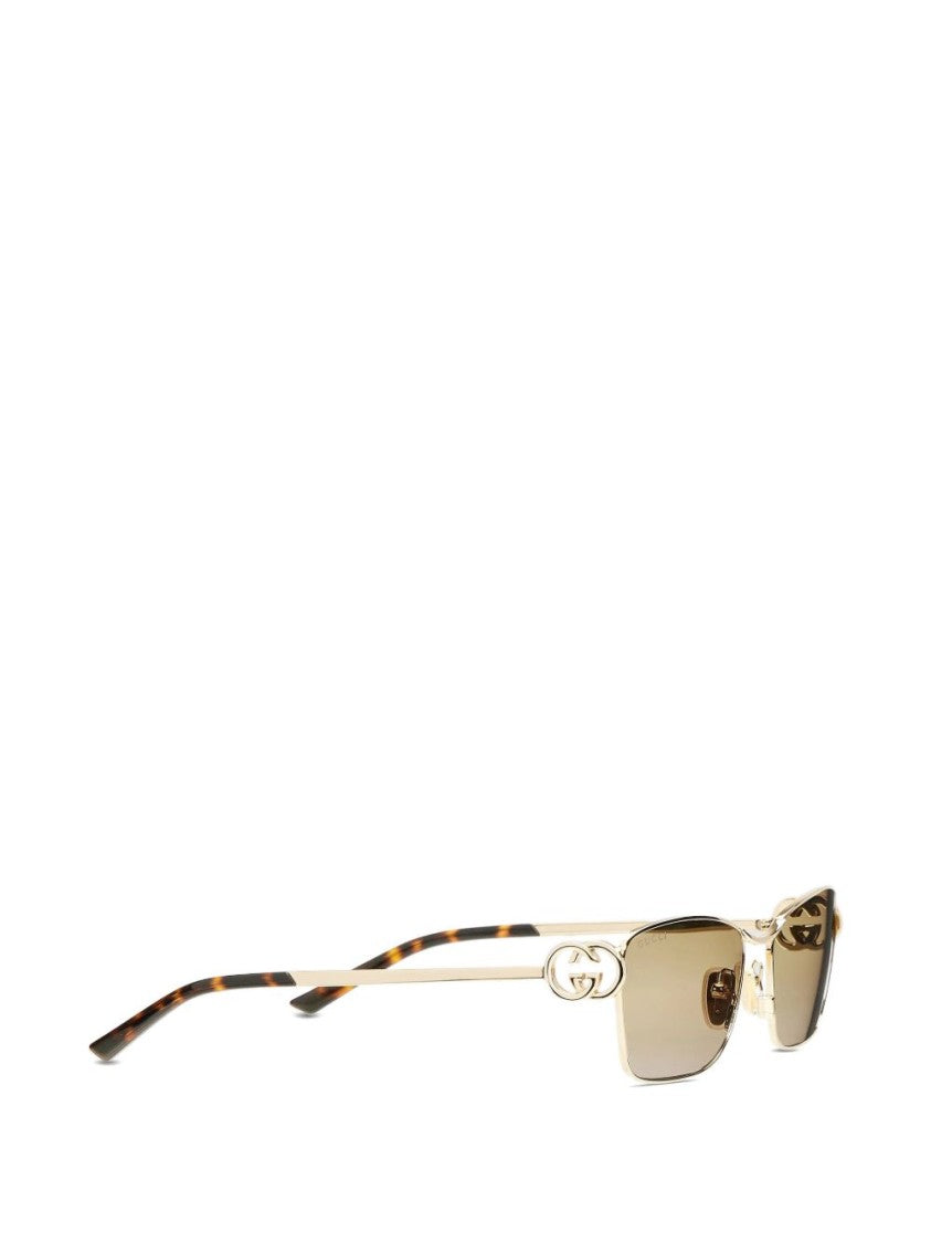 Gucci Gold Rectangular Metal Tortoiseshell Sunglasses