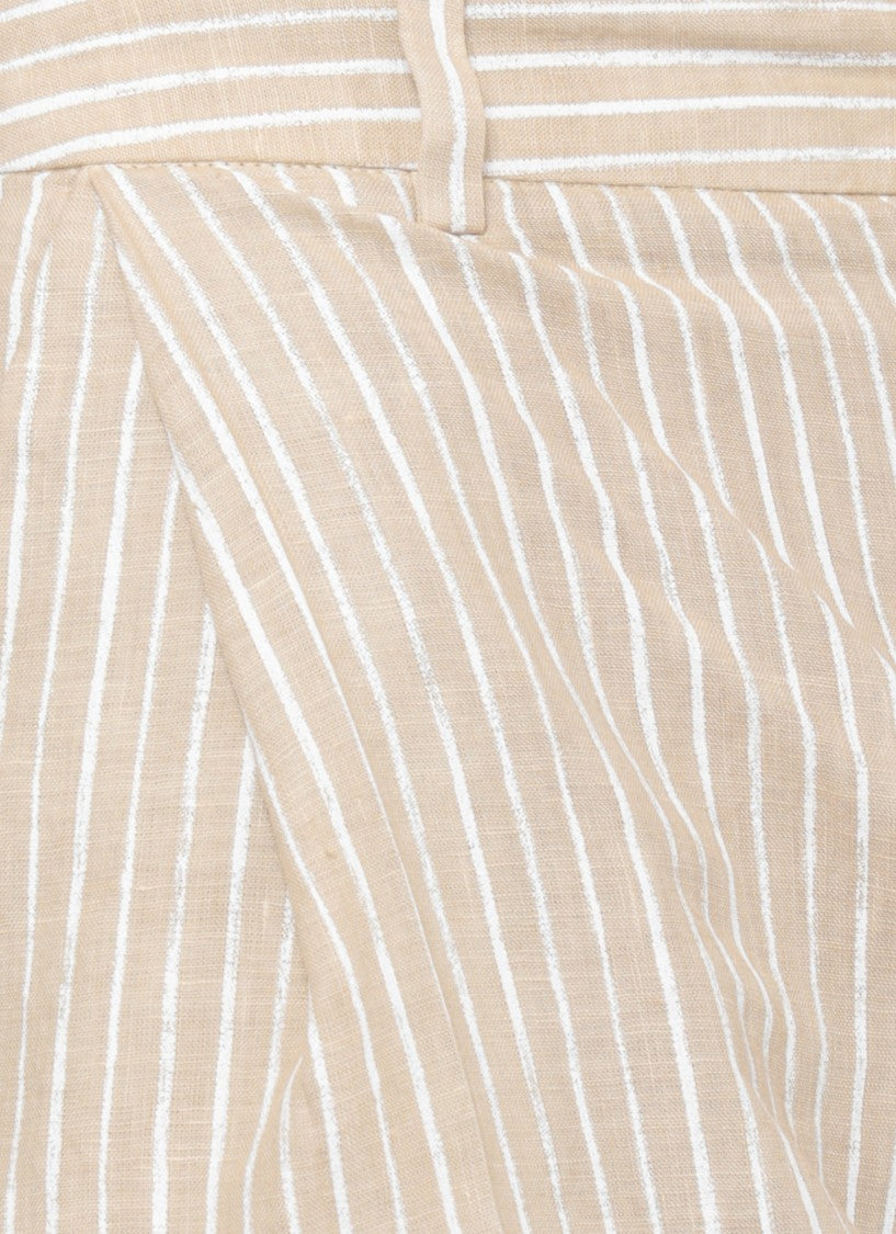 120% Lino Beige Striped Fastening Linen Pants