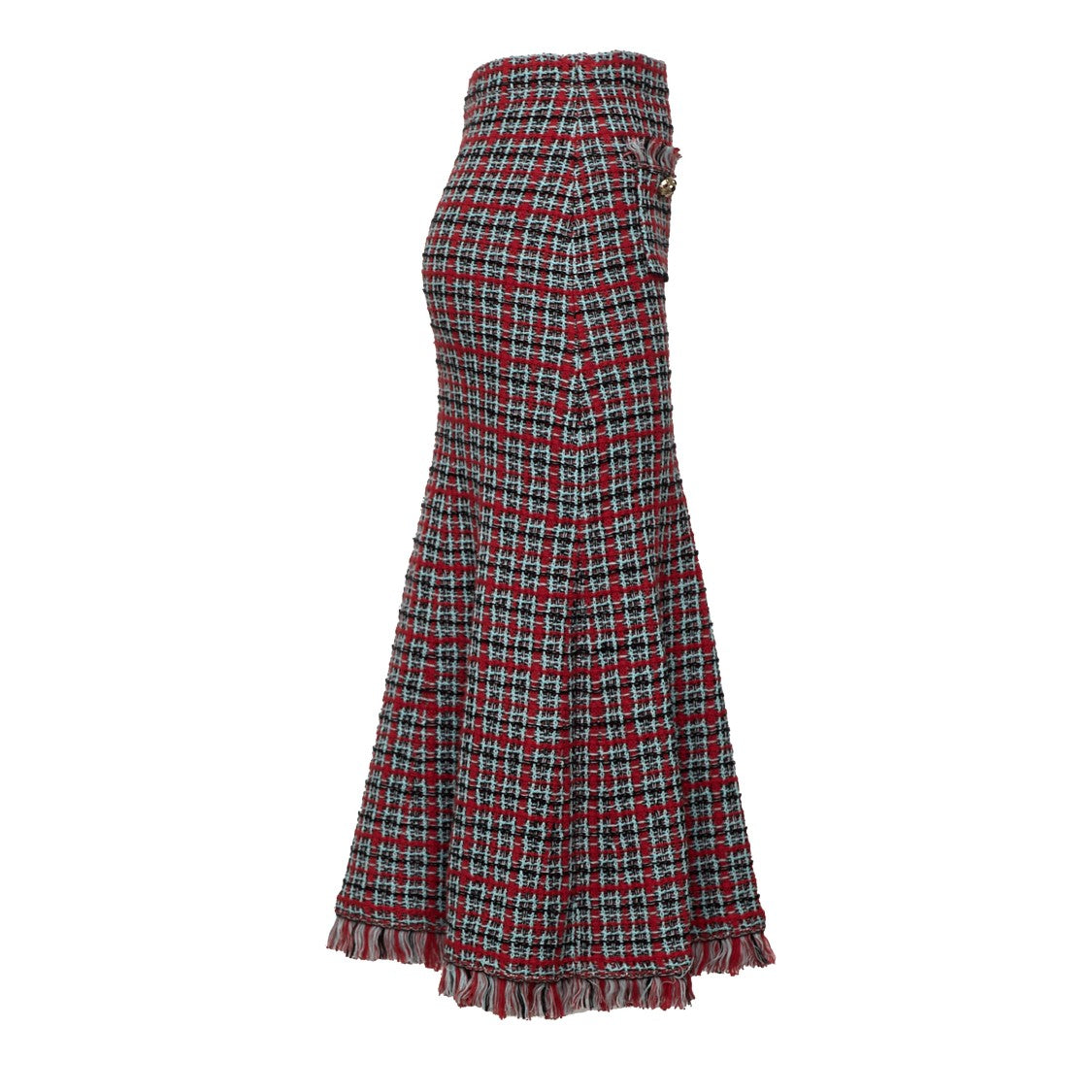Self-Portrait Red Check Frayed Knit Midi Skirt