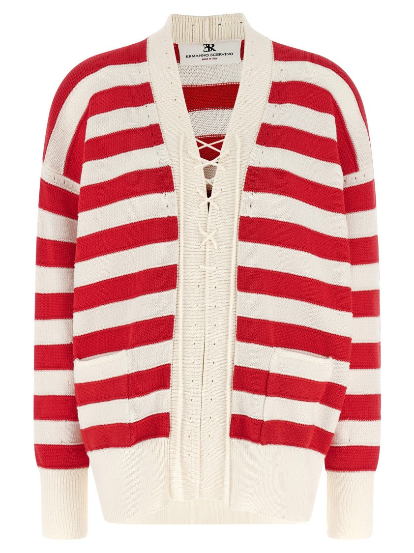 Ermanno Scervino Cotton Blend Crochet Cardigan With Lace Closure And Contrasting Stripes