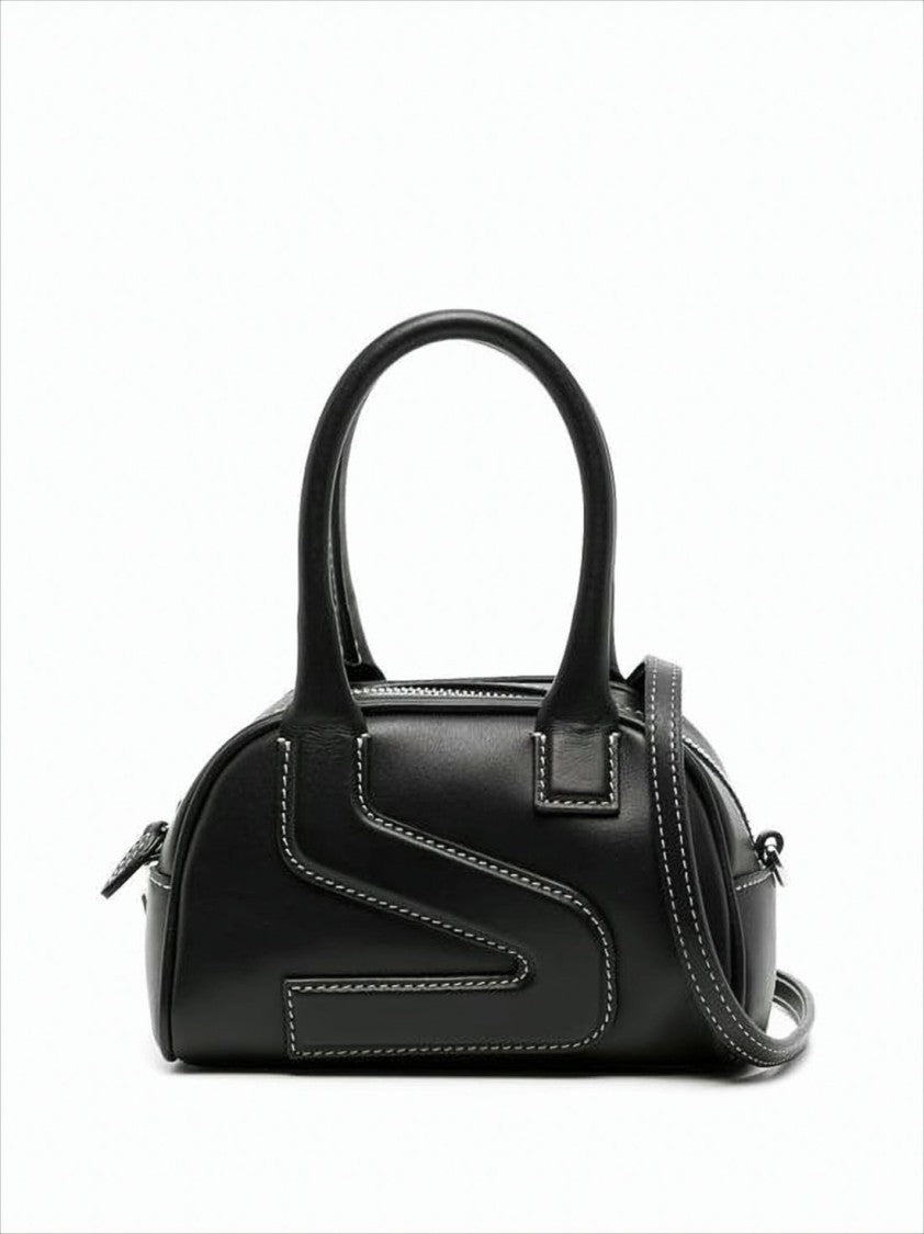 Yuzefi Structured Black Leather Tote Bag With Zigzag Stitching