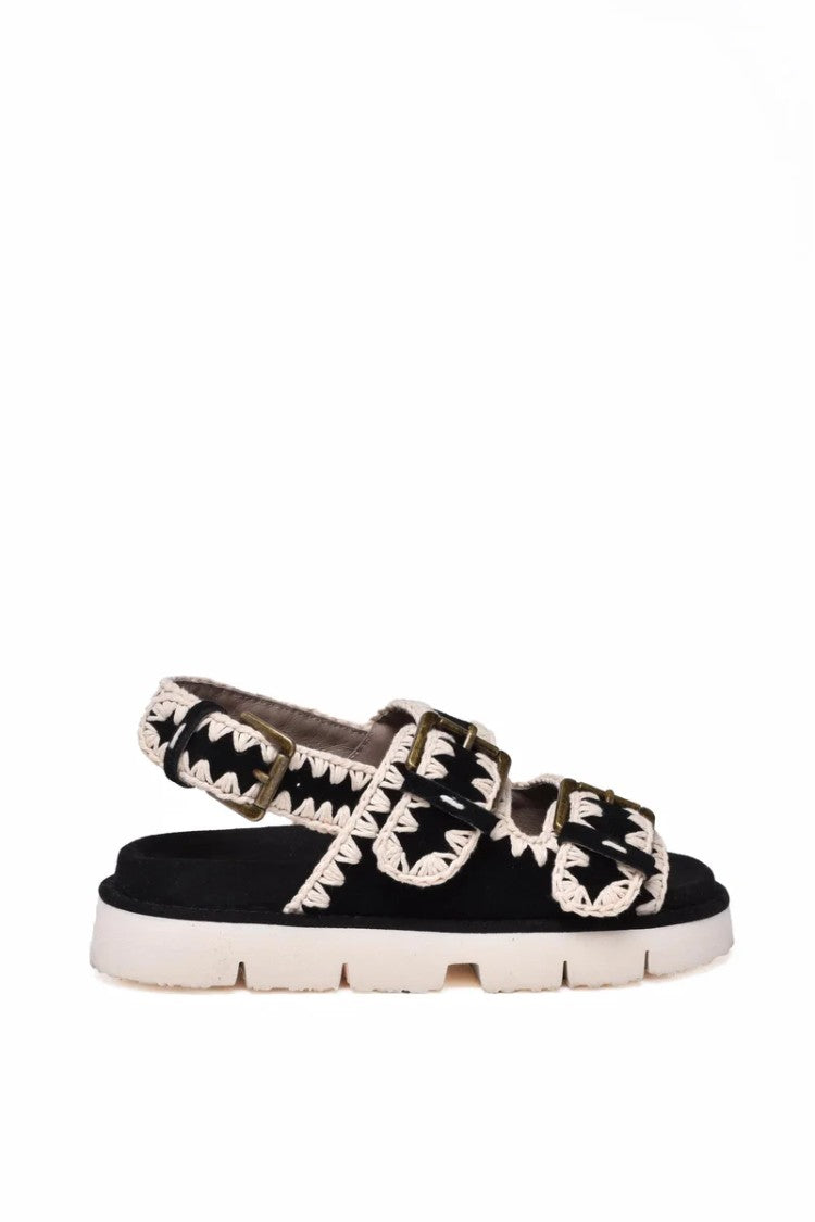 Mou Wedge Sandal Suede Rope - Black/White