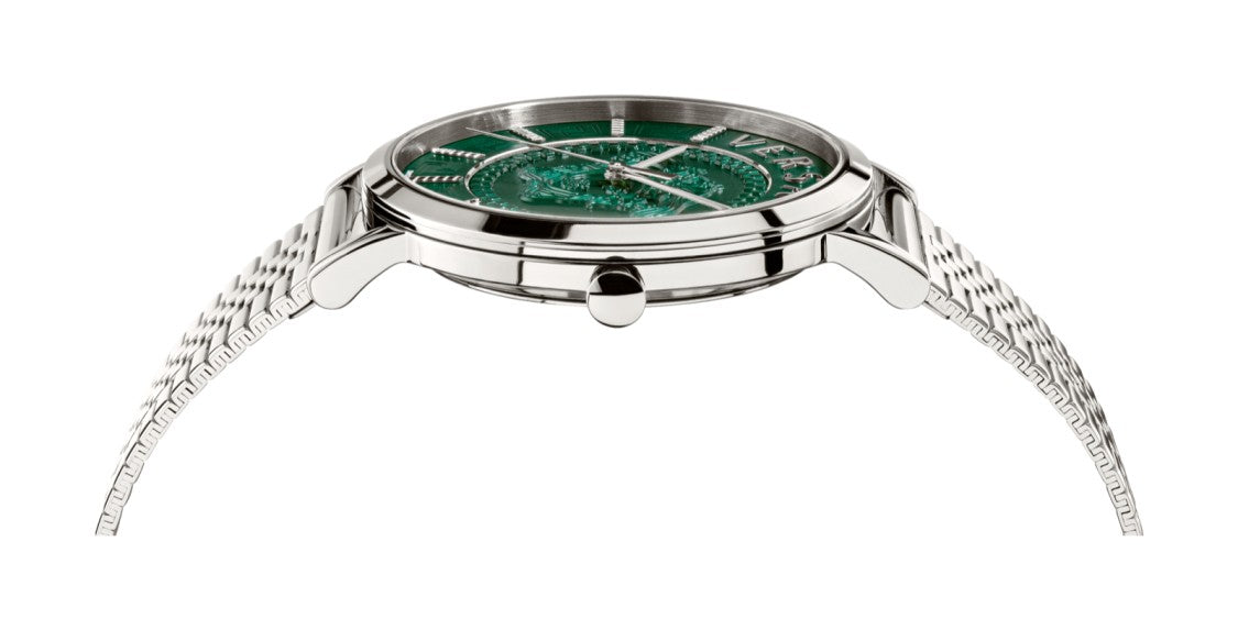 Versace Oval Dial Timepiece With Medusa Embossing And Polished Steel Case