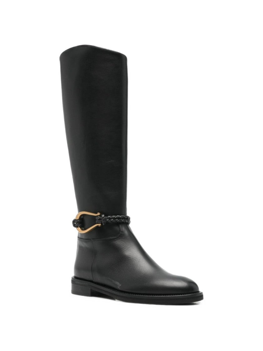 Roberto Festa Black Leather Boots With Braided Strap And Gold Hardware