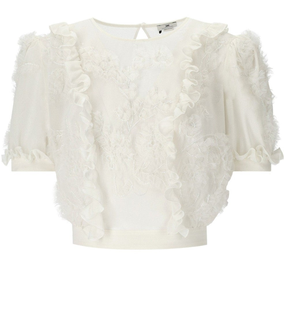Elisabetta Franchi Ivory Ruffled Top