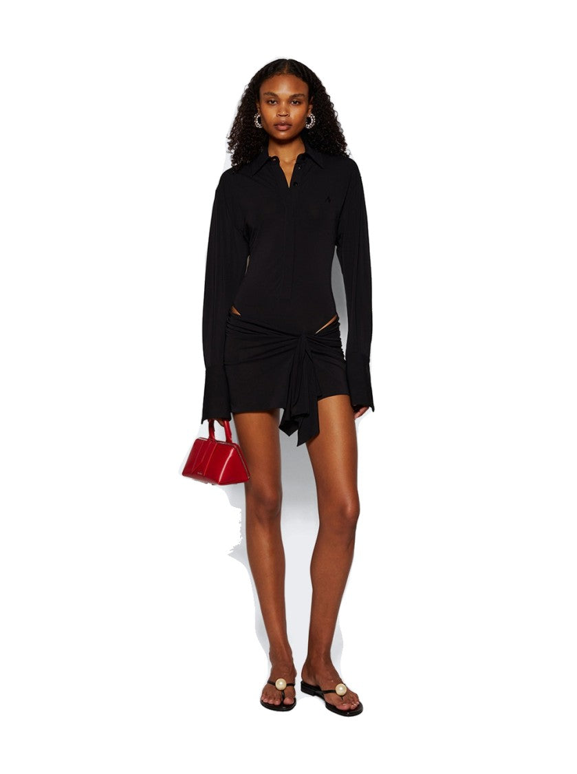 The Attico Black Mini Shirt Dress With Draped Skirt