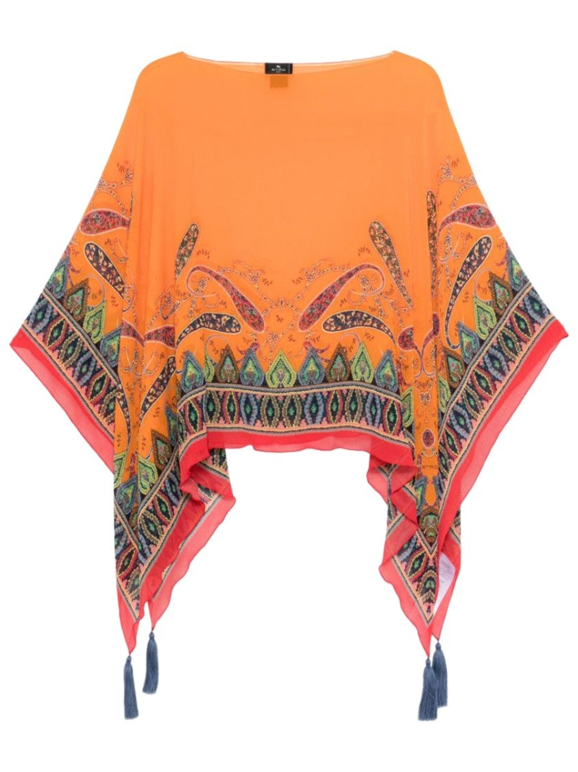 Etro Orange Poncho Paisley Tassels Top