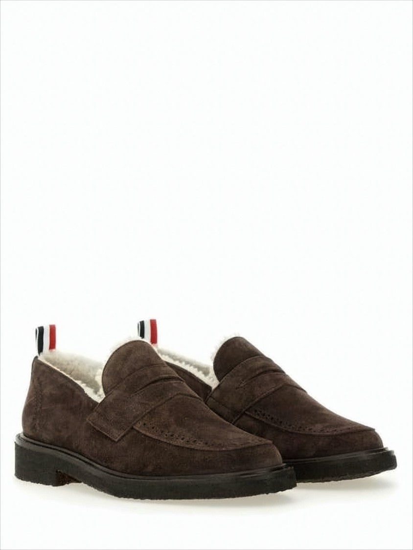 Thom Browne Dark Brown Suede Loafers With Shearling Lining And Tricolor Detail