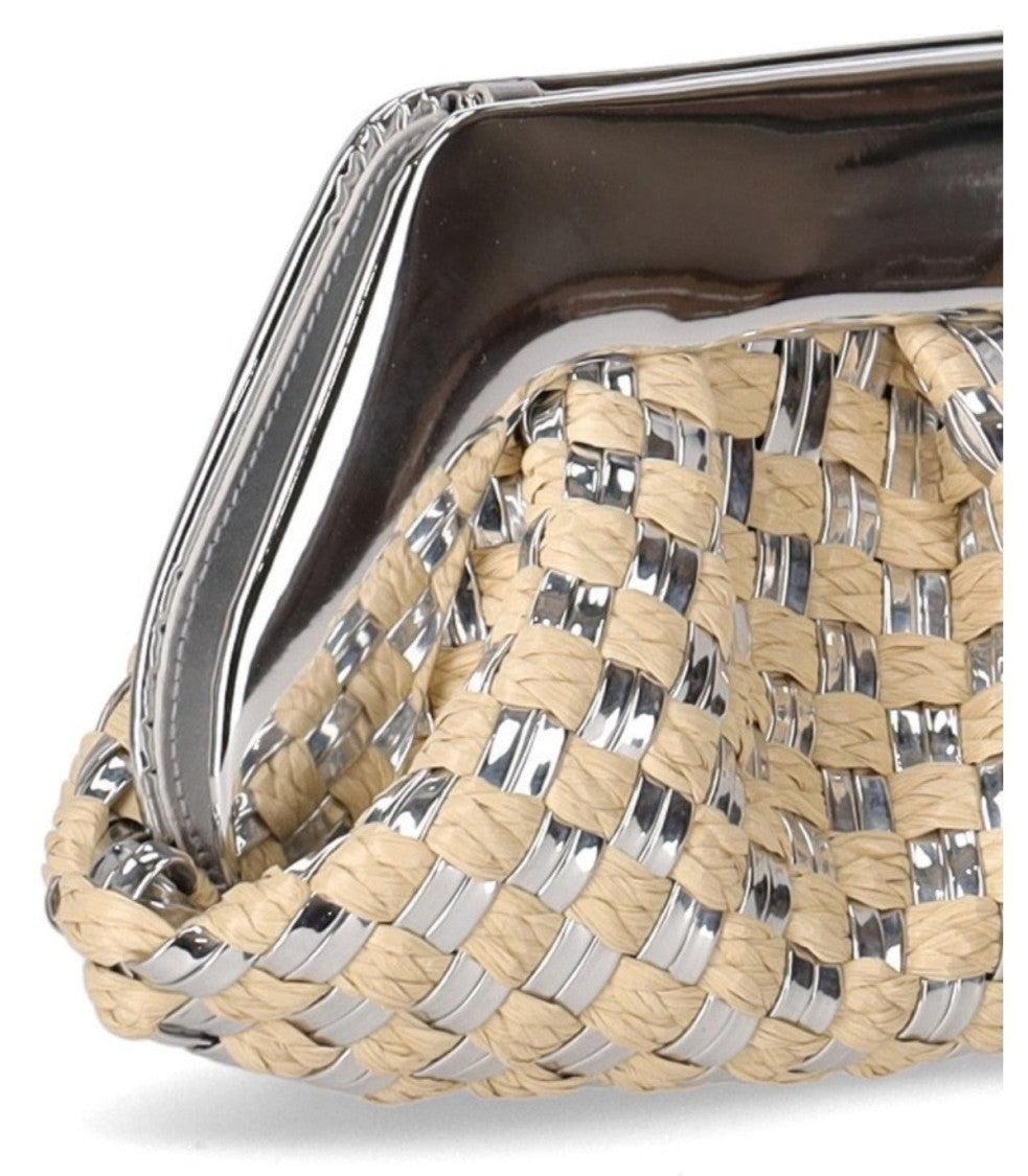 Themoirè Emera Micro Weaved Straw Laminated Silver Clutch Bag
