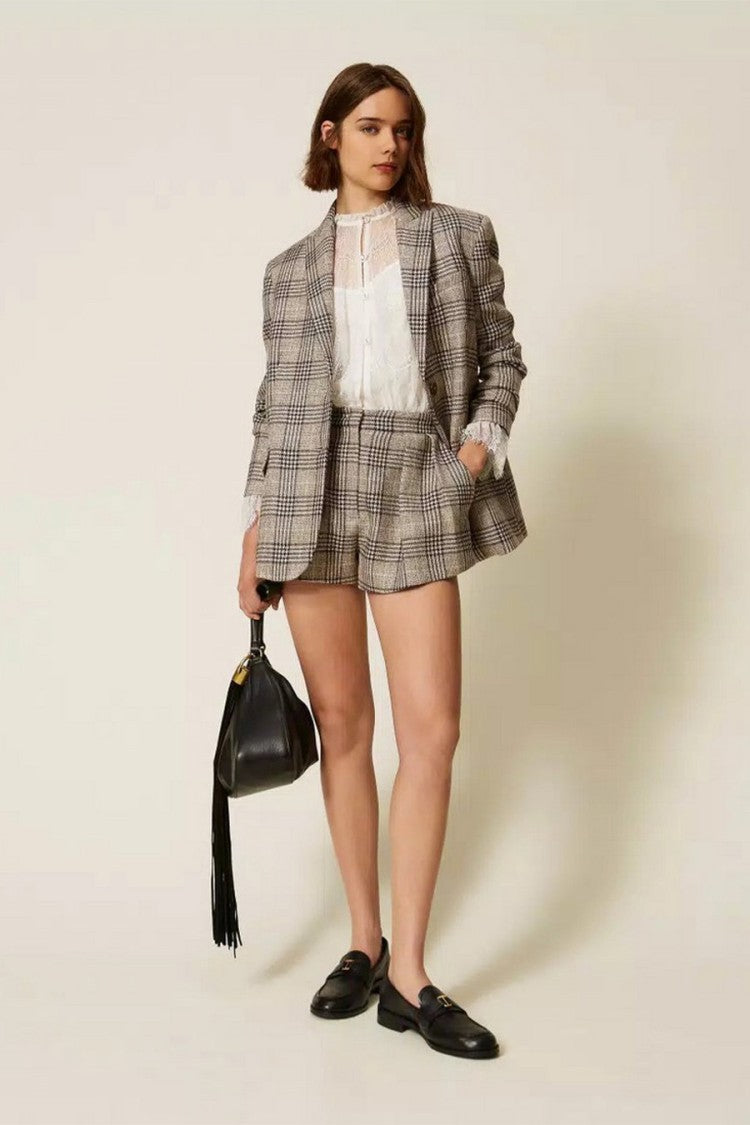 Twin-Set Grey Wool-Polyester Blend Plaid Check Shorts