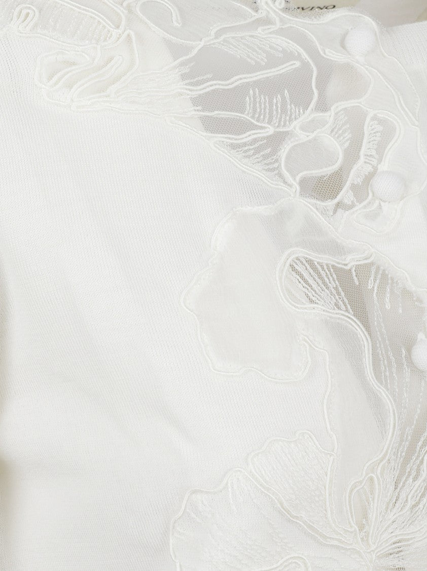 Ermanno Scervino Cropped White Sweater With Floral Lace Applique