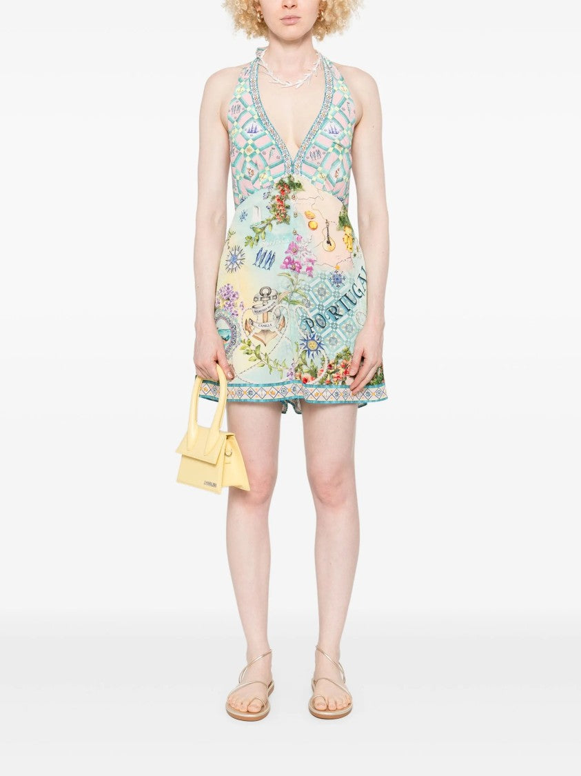 Camilla Graphic Print Silk Jumpsuit With Halterneck Tie And V-Neckline