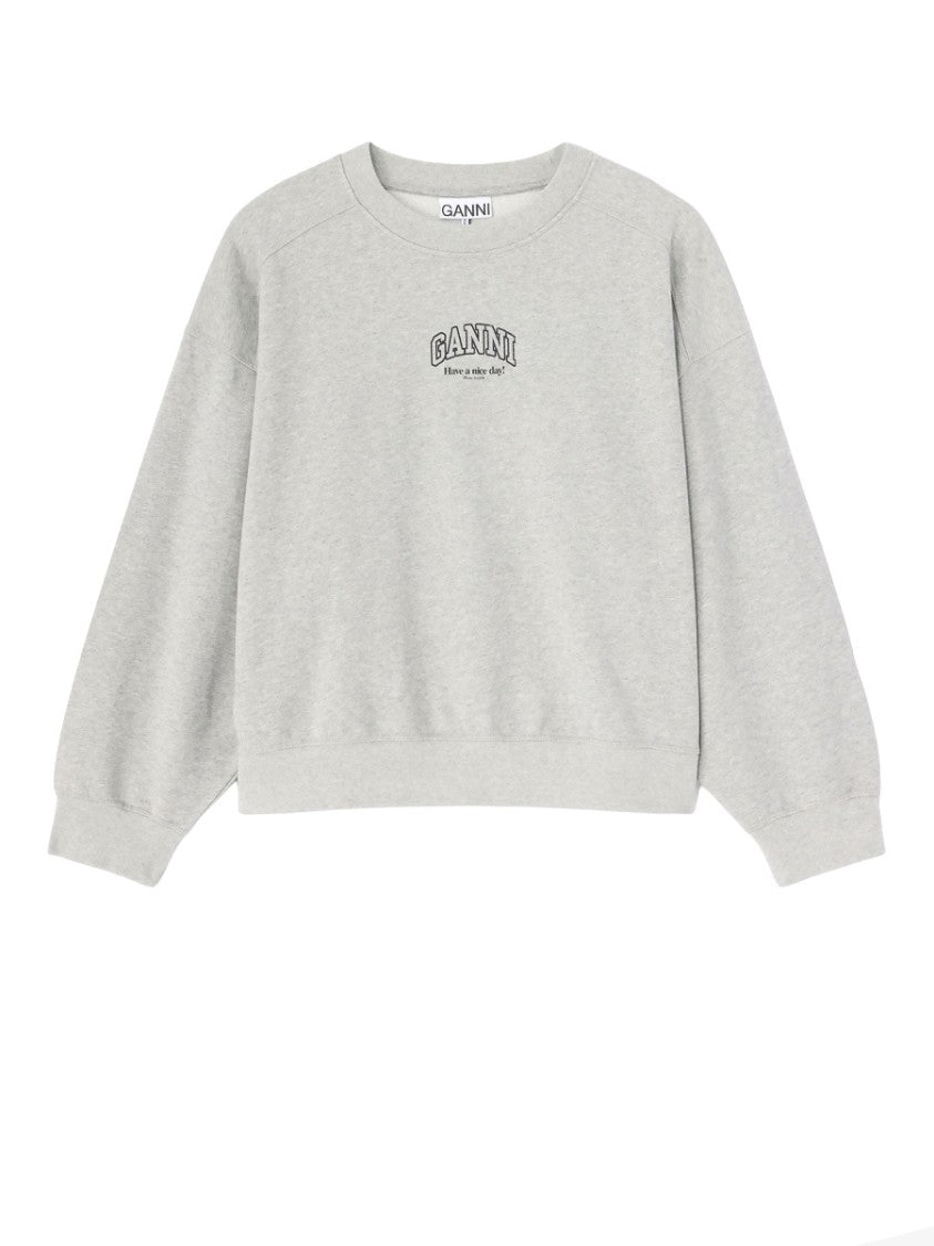 Ganni Cropped Light Grey Embroidered Cotton Sweatshirt