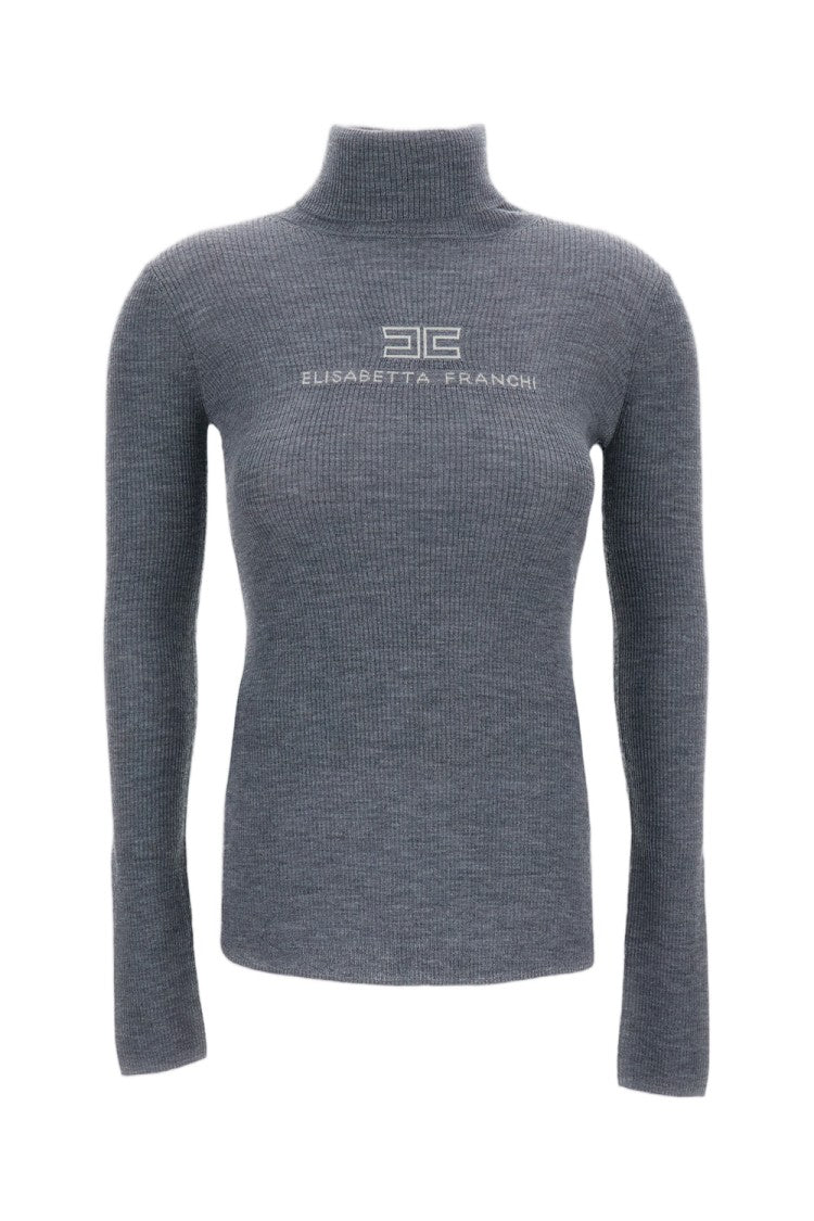 Elisabetta Franchi Grey Ribbed Tricot Stretch Wool Turtleneck