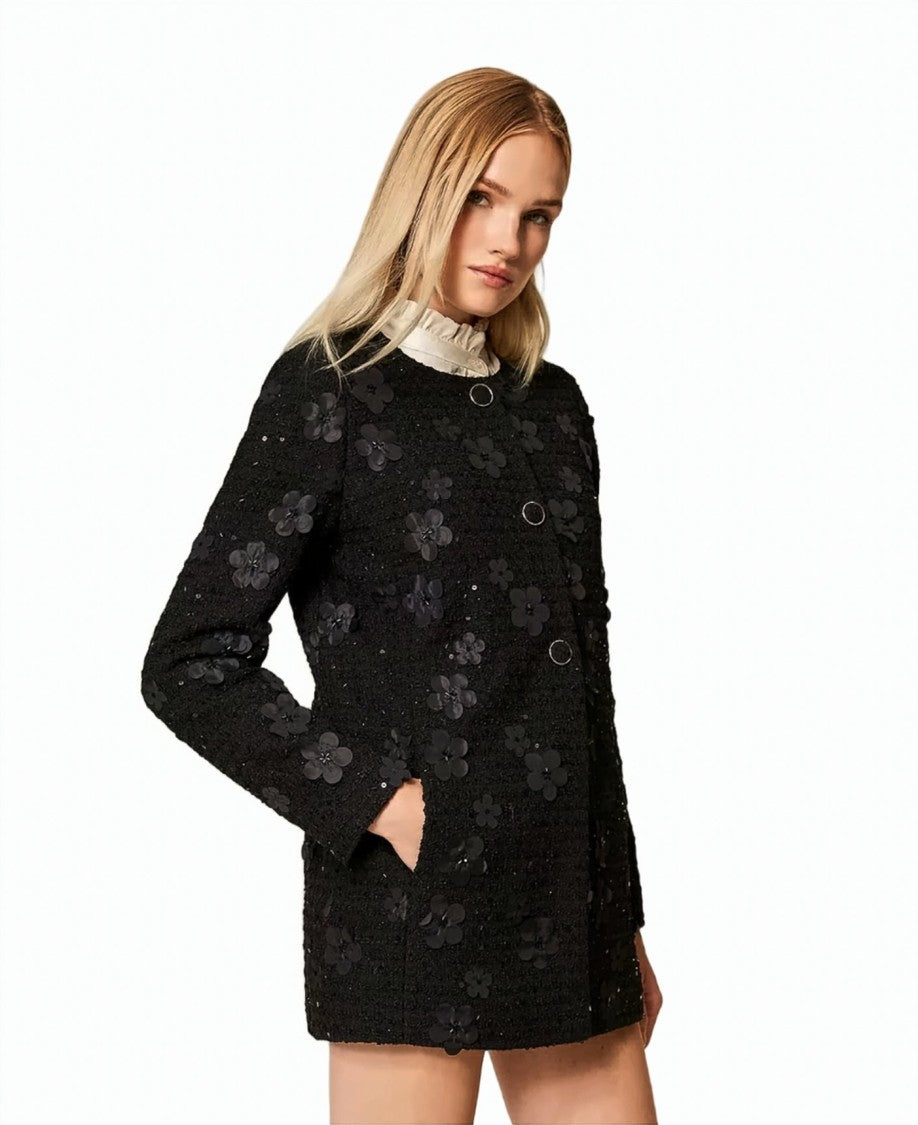 Twin-Set Bouclé Floral Appliqué Sequined Single-Breasted Coat