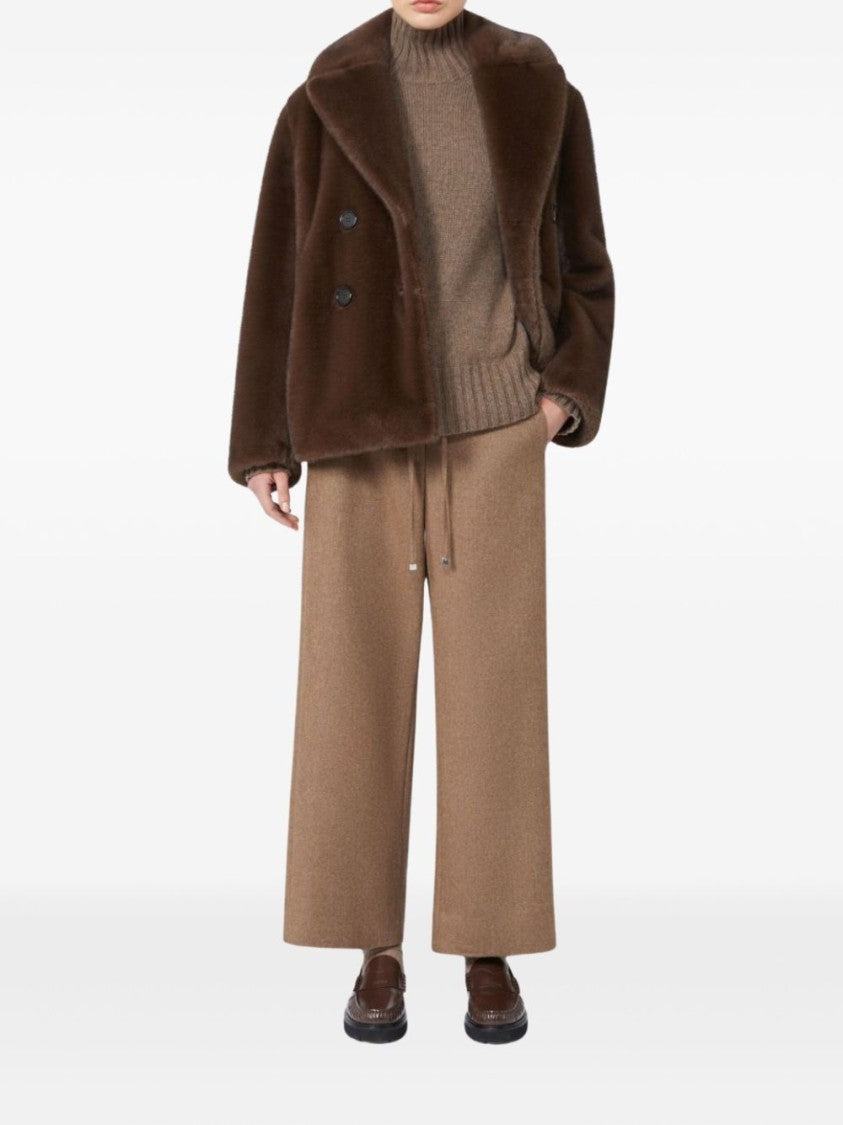 Max Mara Double-Breasted Brown Plush Coat With Wide Lapel